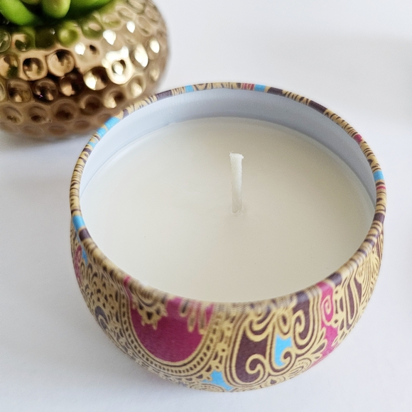 2 New Aromatherapy Bohemian Tin Candles Natural Soy Wax Mediterranean Fig, Lemon - Picture 4 of 12